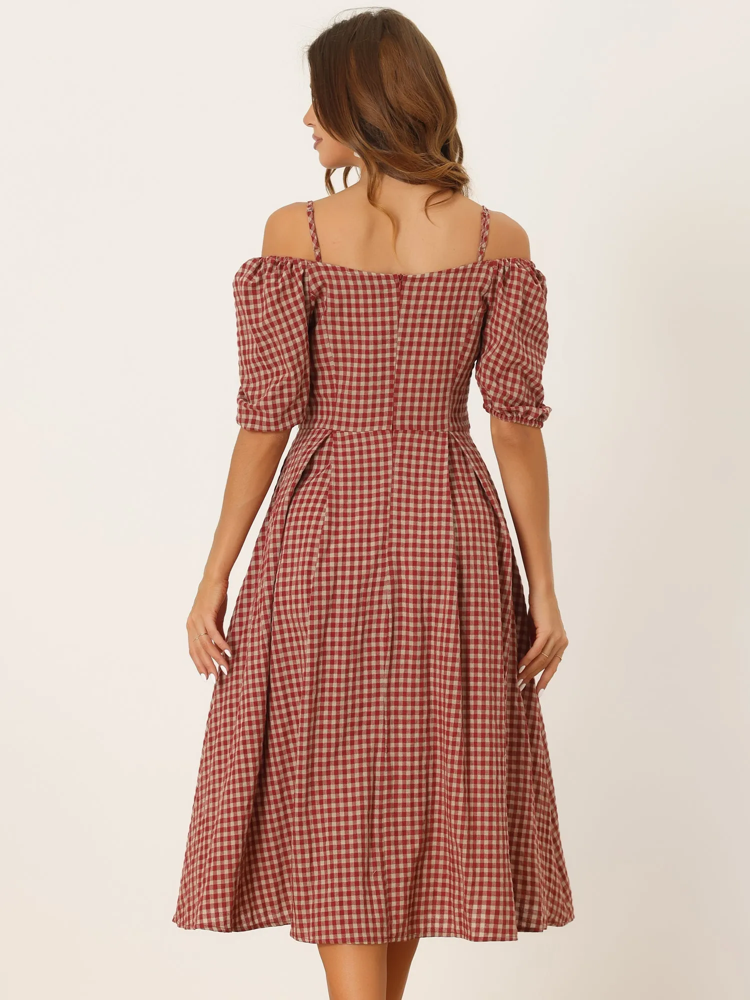 Vintage Gingham Pocketed Spaghetti Straps Off Shoulder Swing Plaid Dress sold by Allegra K product image thumbnail 3
