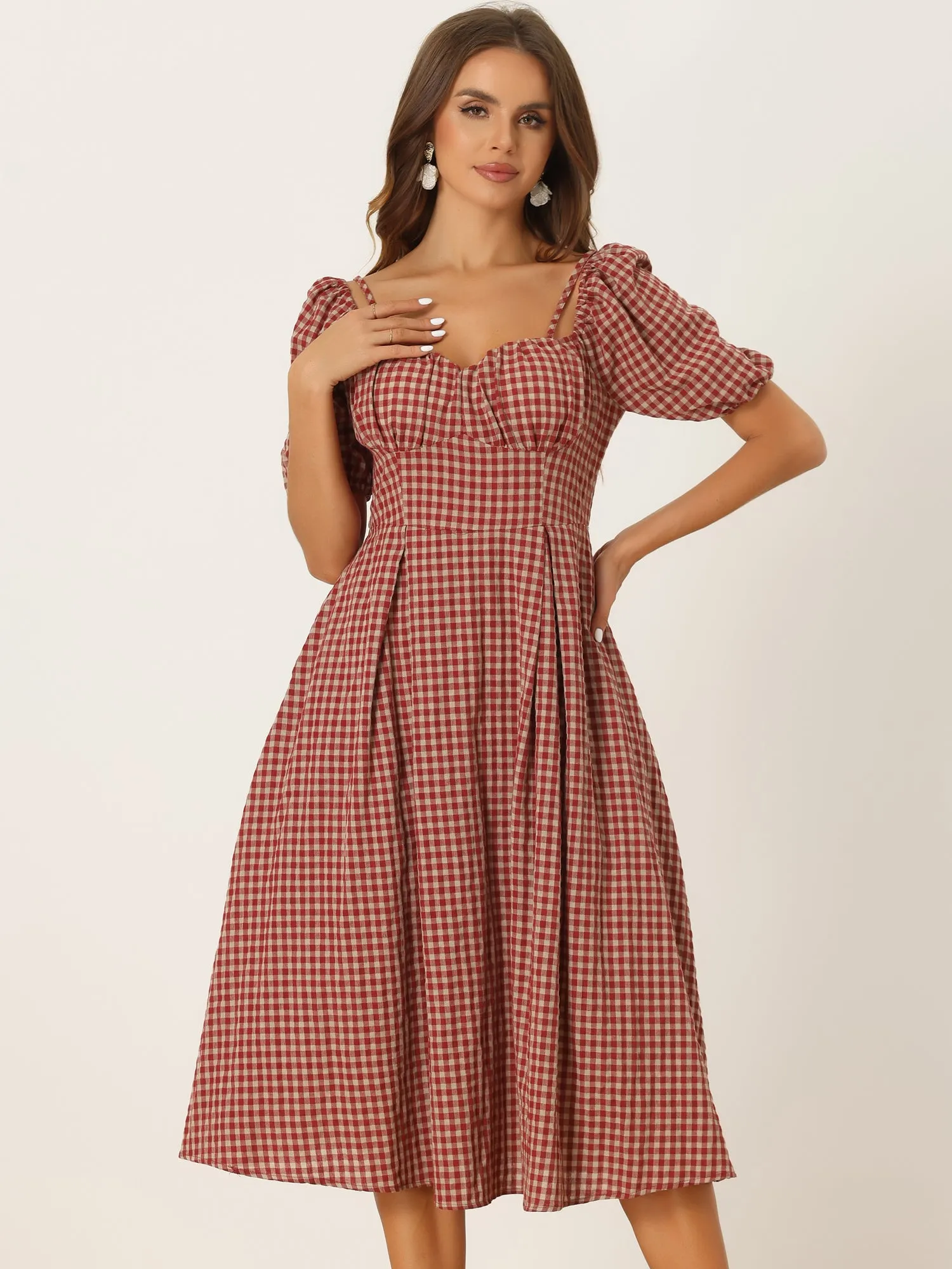 Vintage Gingham Pocketed Spaghetti Straps Off Shoulder Swing Plaid Dress sold by Allegra K