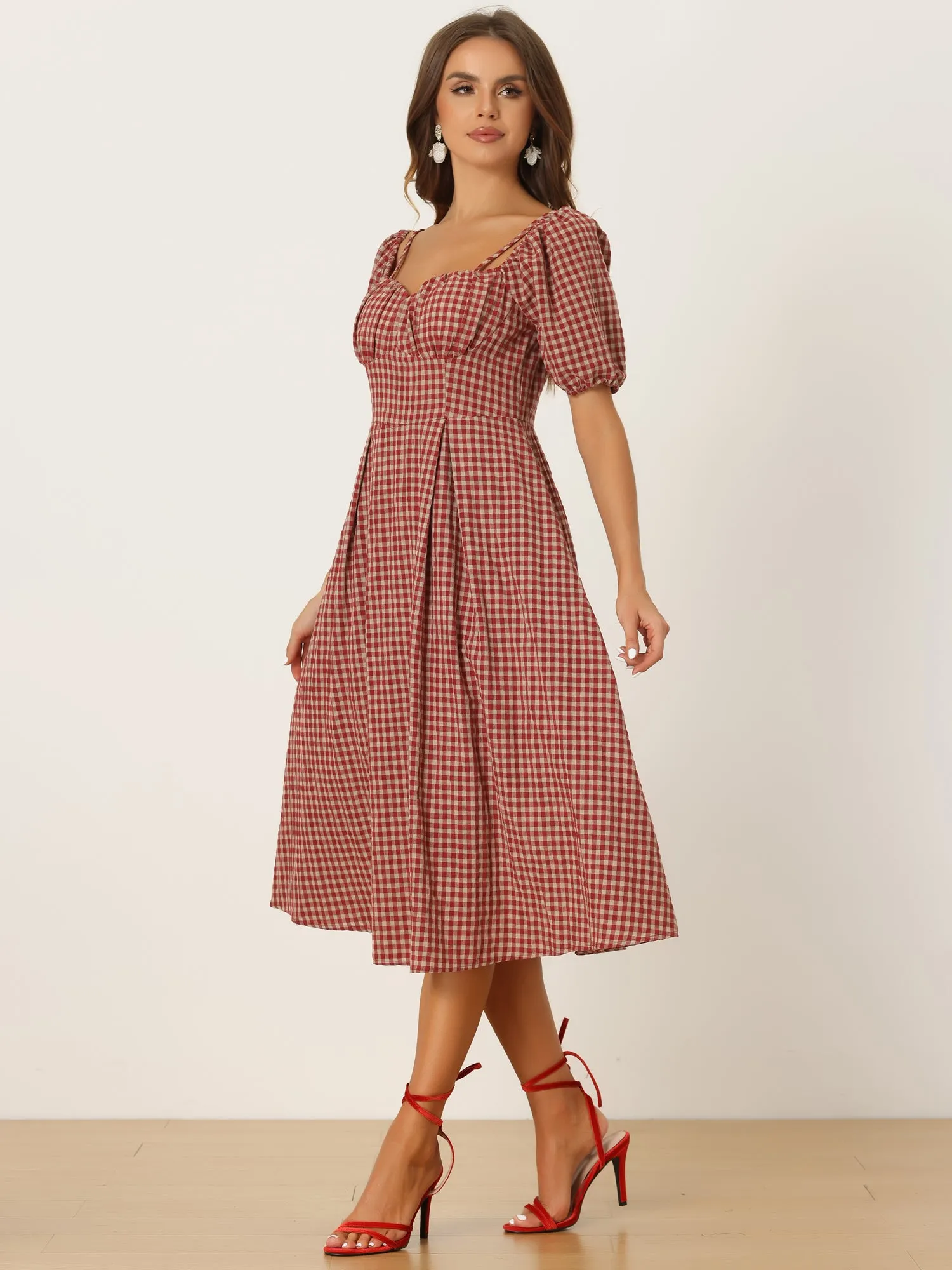 Vintage Gingham Pocketed Spaghetti Straps Off Shoulder Swing Plaid Dress sold by Allegra K product image thumbnail 2