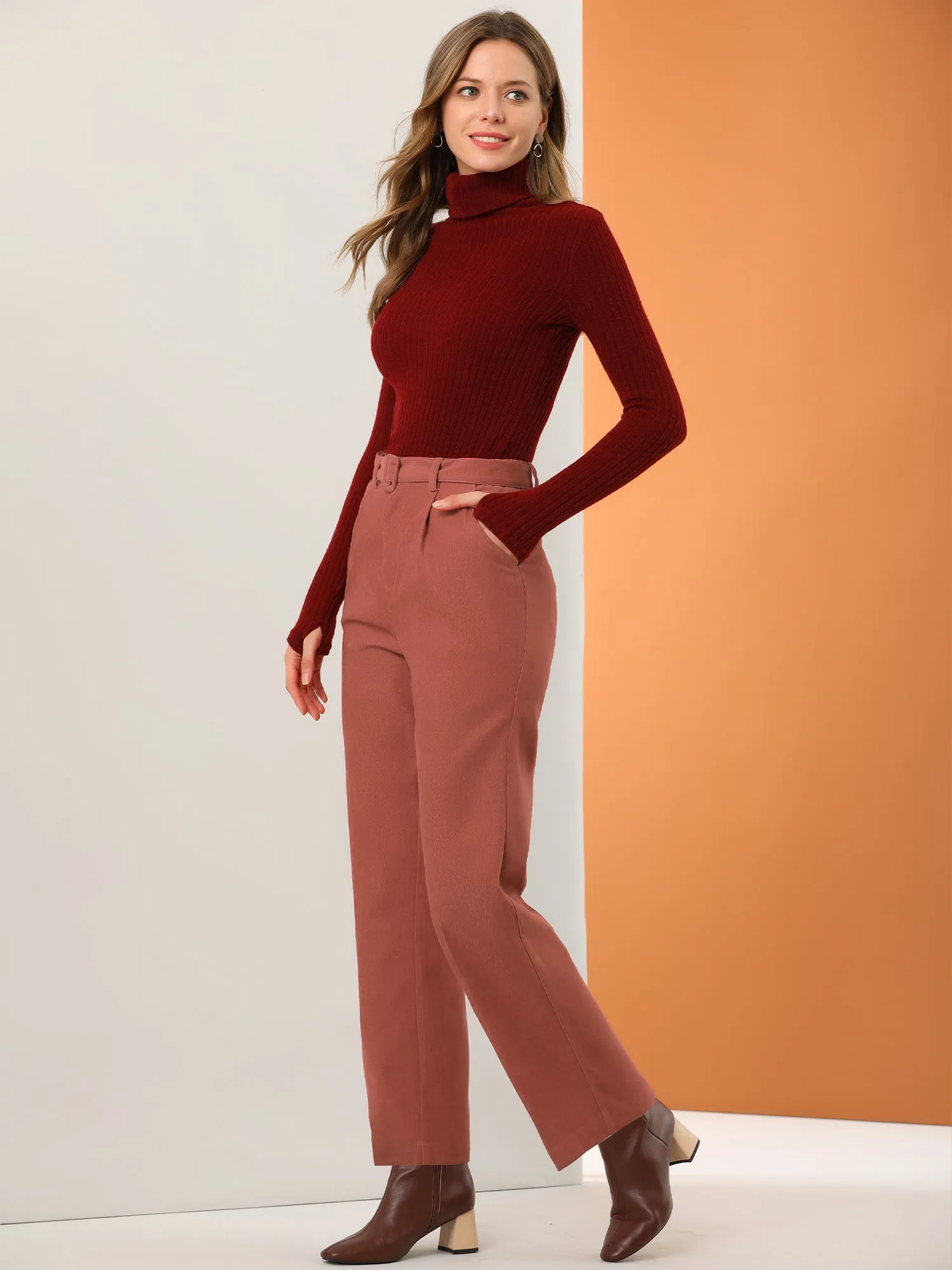 Corduroy High Waist Straight Leg Belt Decoration Vintage Pants sold by Allegra K product image thumbnail 4