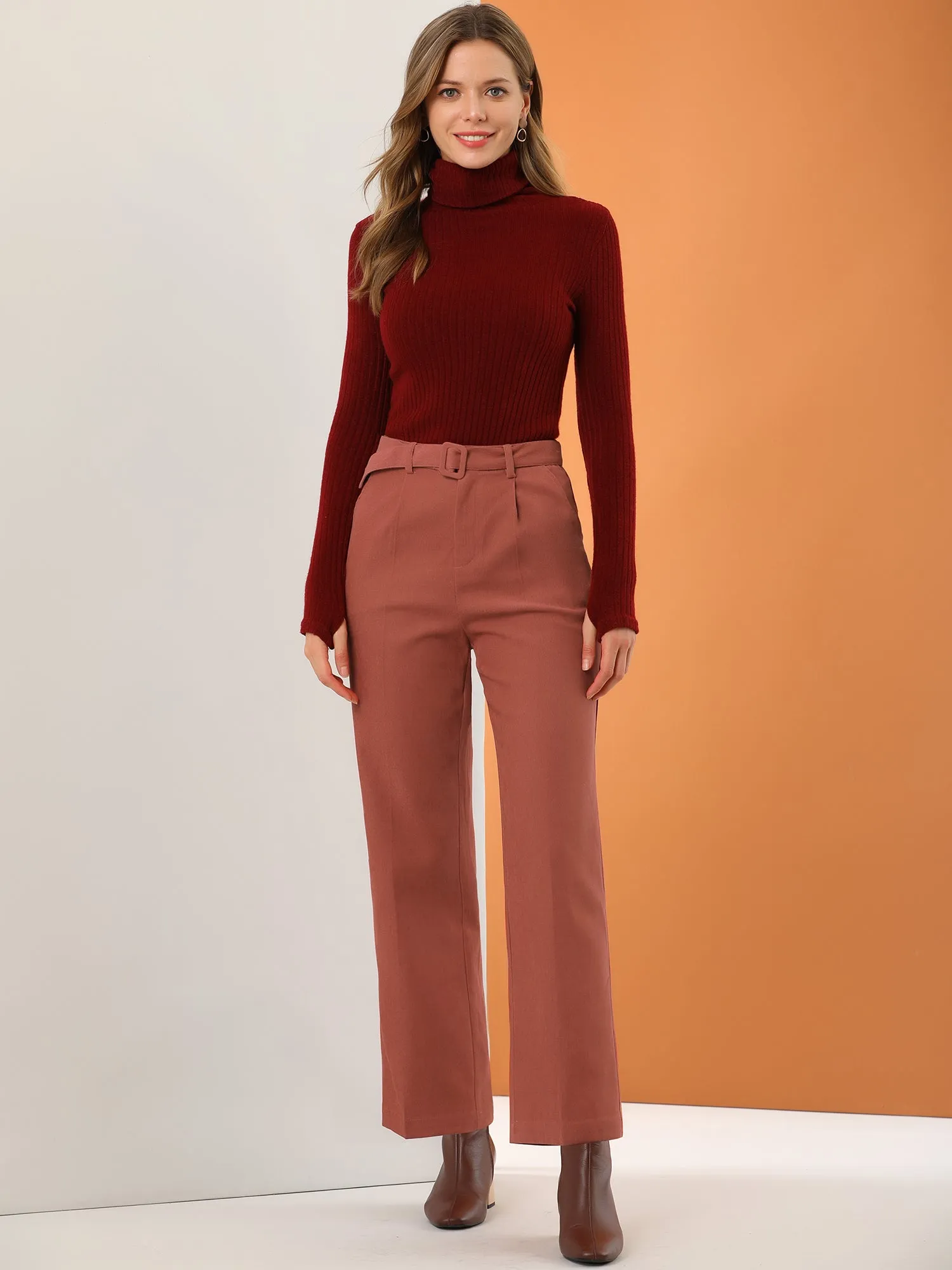 Corduroy High Waist Straight Leg Belt Decoration Vintage Pants sold by Allegra K product image thumbnail 3