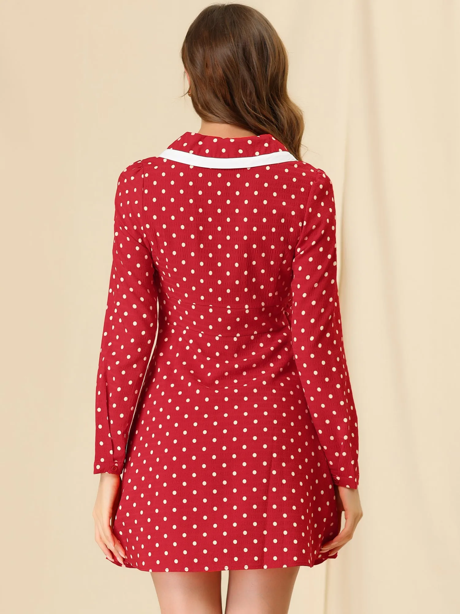 Contrast Tie Ribbon Long Sleeve Polka Dots Dress sold by Allegra K product image thumbnail 4