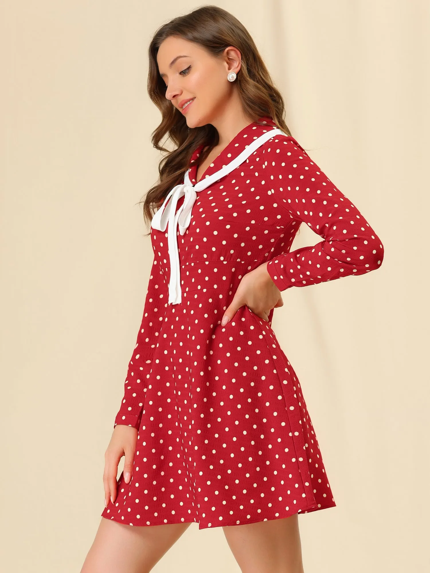 Contrast Tie Ribbon Long Sleeve Polka Dots Dress sold by Allegra K product image thumbnail 3