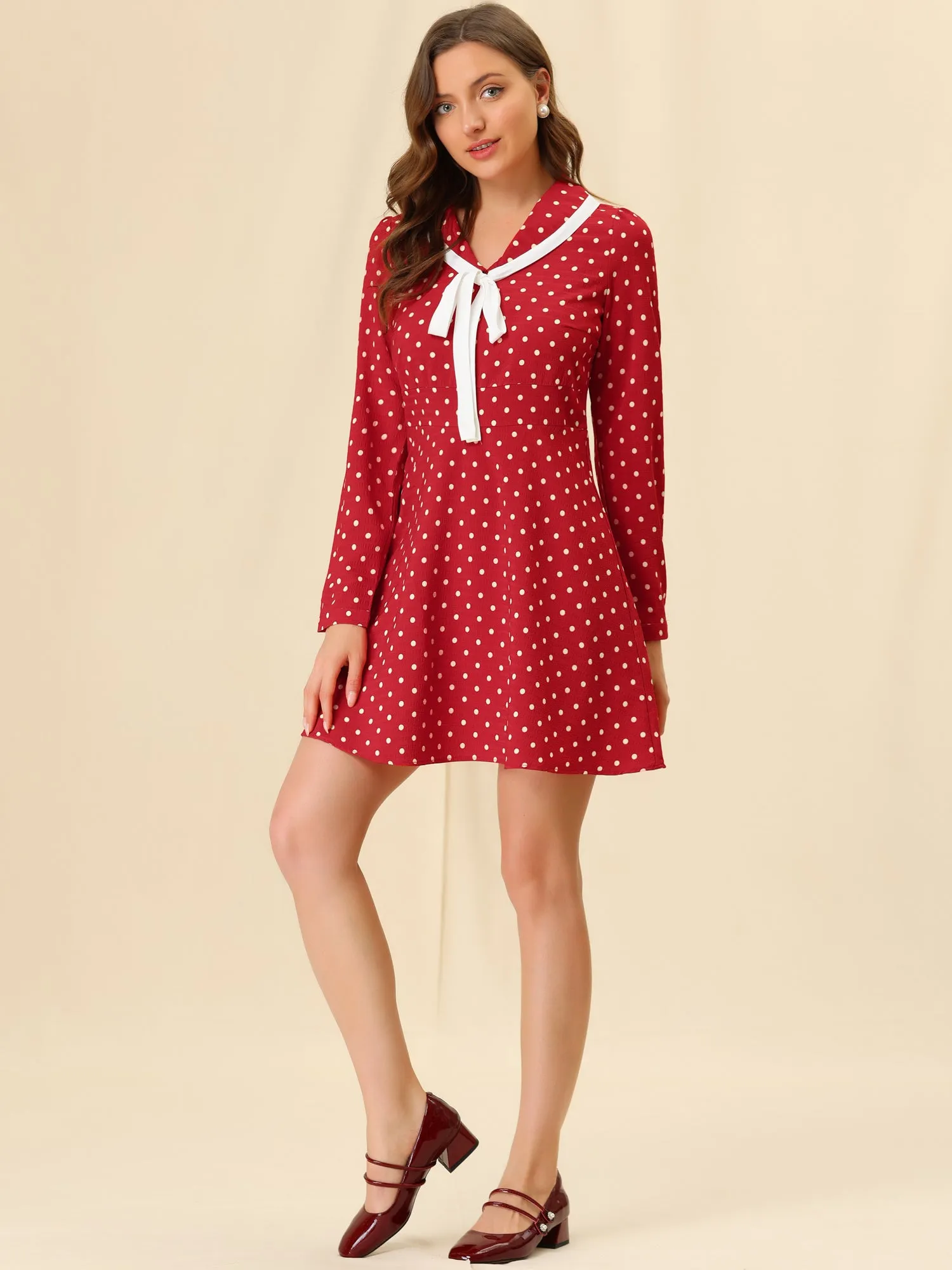 Contrast Tie Ribbon Long Sleeve Polka Dots Dress sold by Allegra K