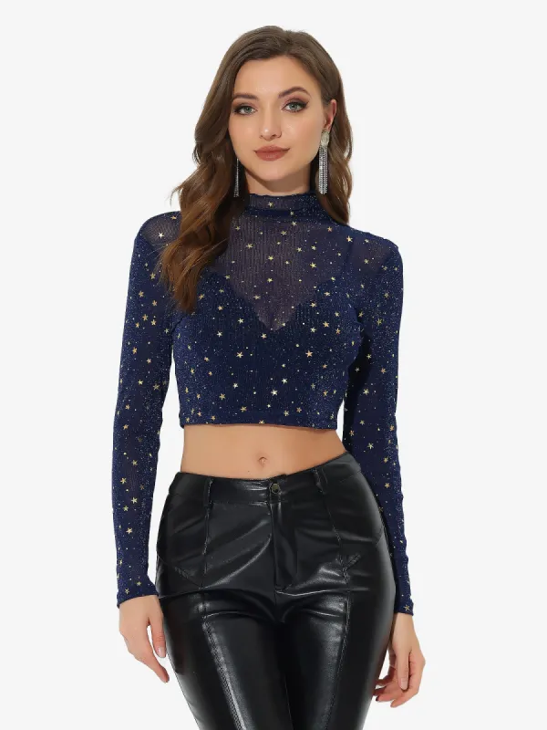 Mesh Crop Top Stars Mock Neck Party See Through Blouse sold by Allegra K