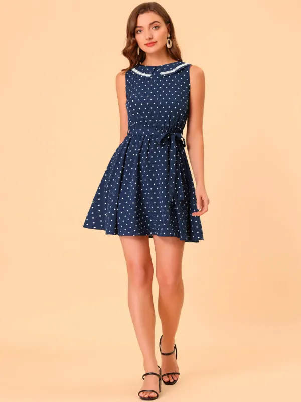 Peter Pan Collar Sleeveless Belted Heart Print Mini Dress sold by Allegra K