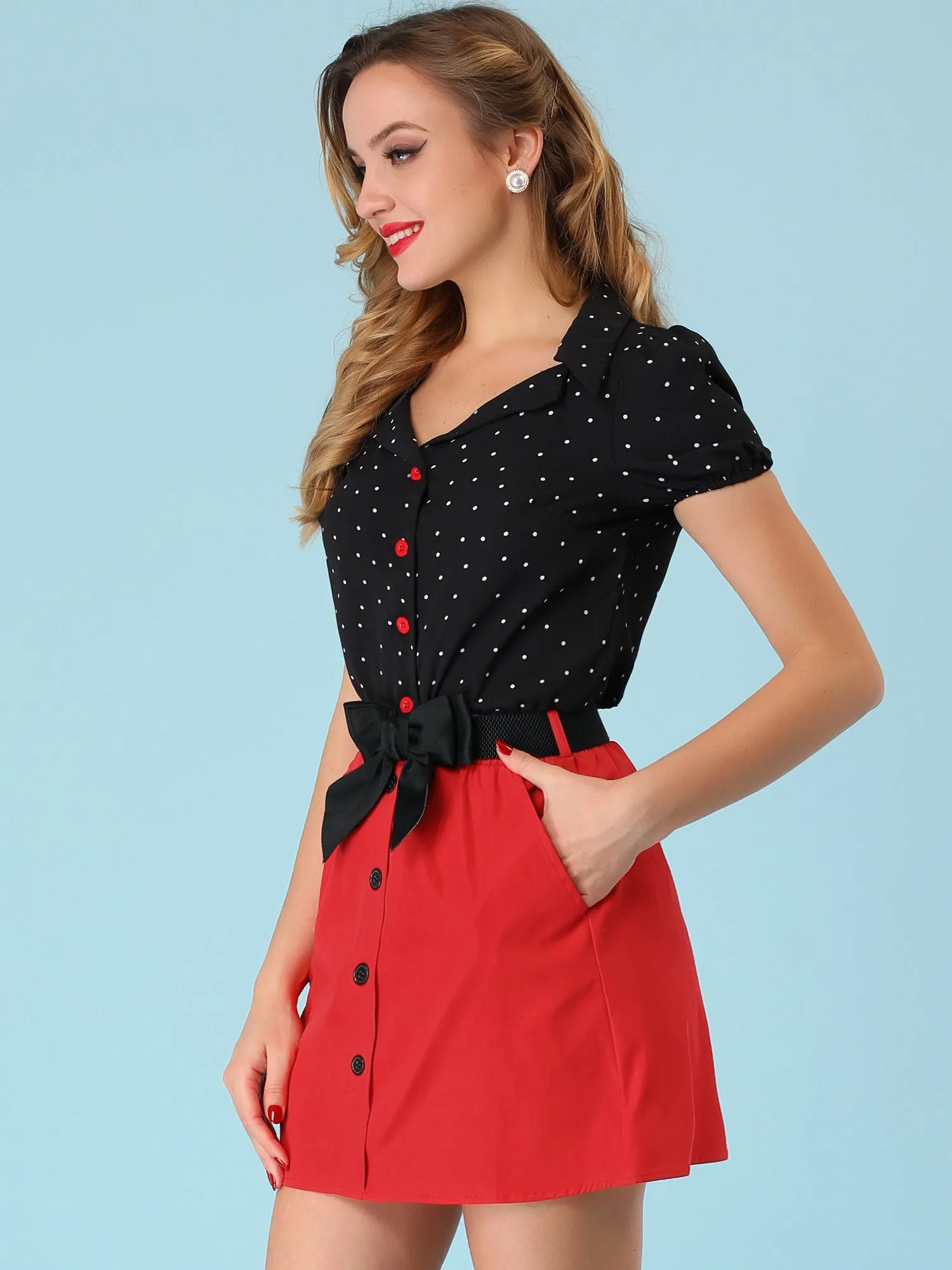 Summer Button Decor Vintage High Waist Bow Tie Mini Skirt sold by Allegra K product image thumbnail 3