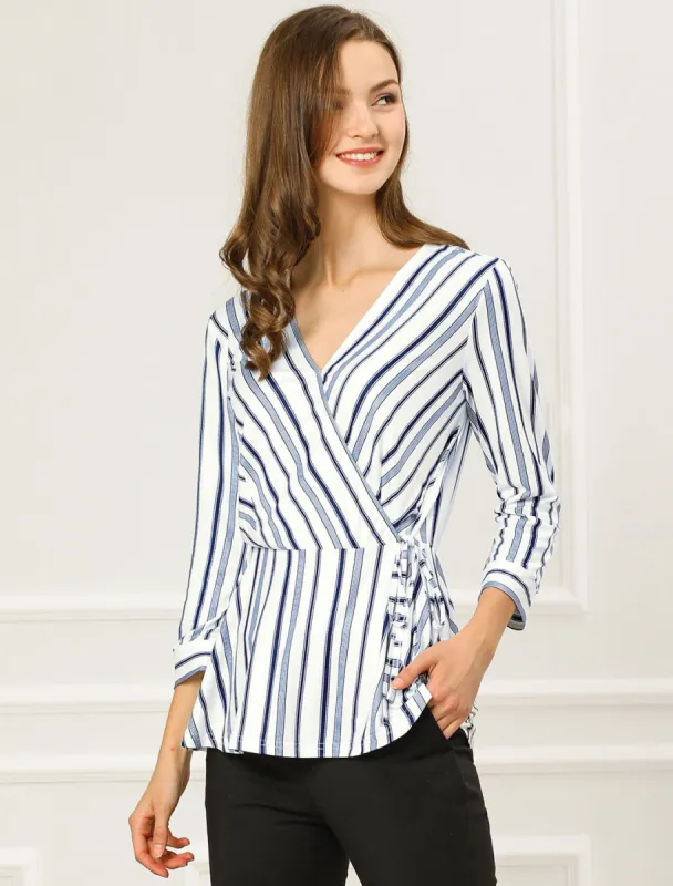 Striped Work 3/4 Sleeve V Neck Peplum Top sold by Allegra K