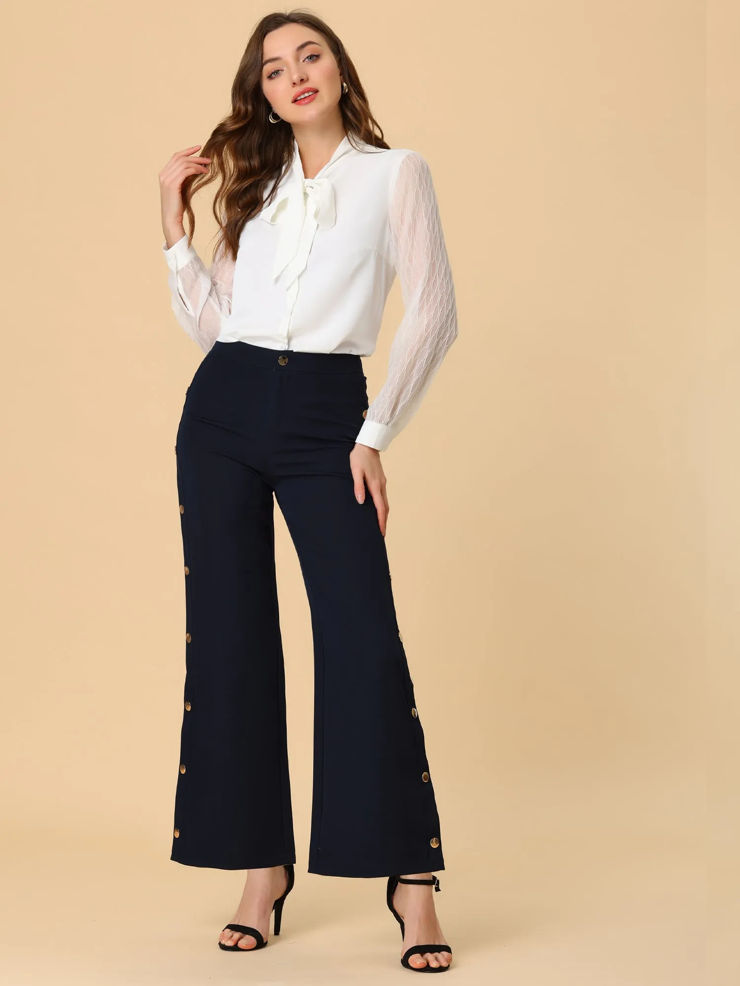 Elegant Flare Pant Snap Button Side Split Palazzo Wide Leg Trouser sold by Allegra K product image thumbnail 3