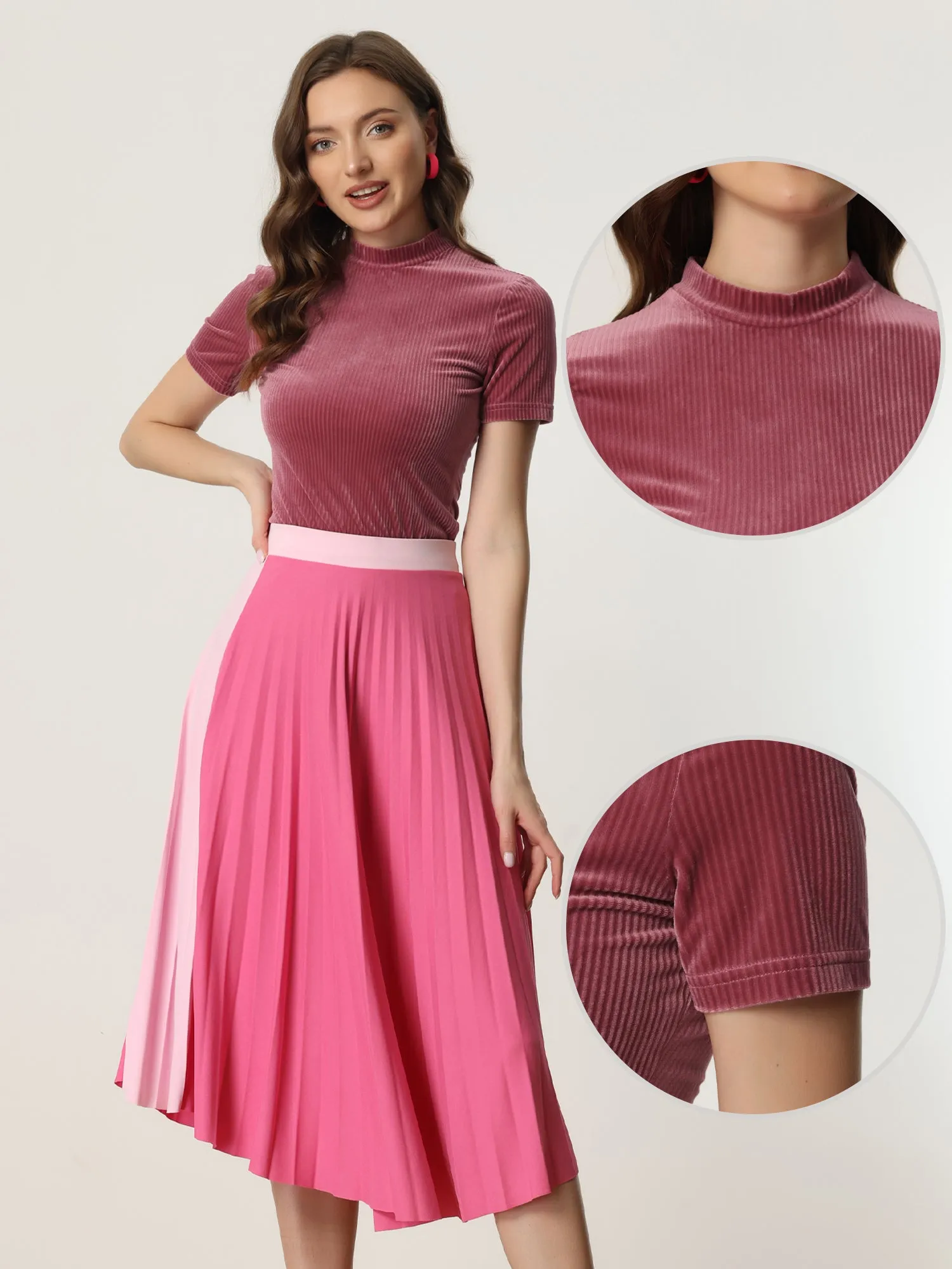 Casual Velvet Mock Neck Short Sleeve Solid Color Tee Top sold by Allegra K product image thumbnail 2