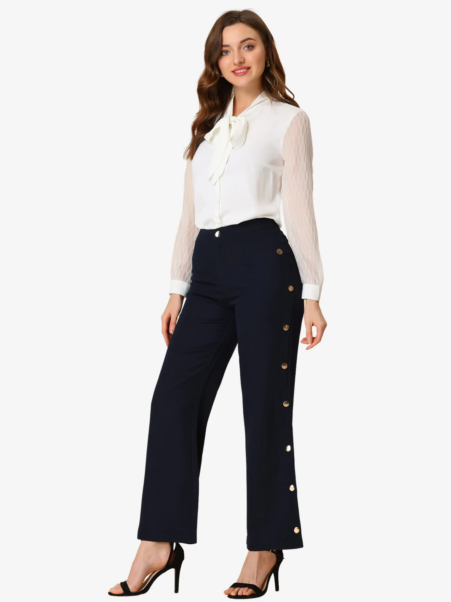 Elegant Flare Pant Snap Button Side Split Palazzo Wide Leg Trouser sold by Allegra K