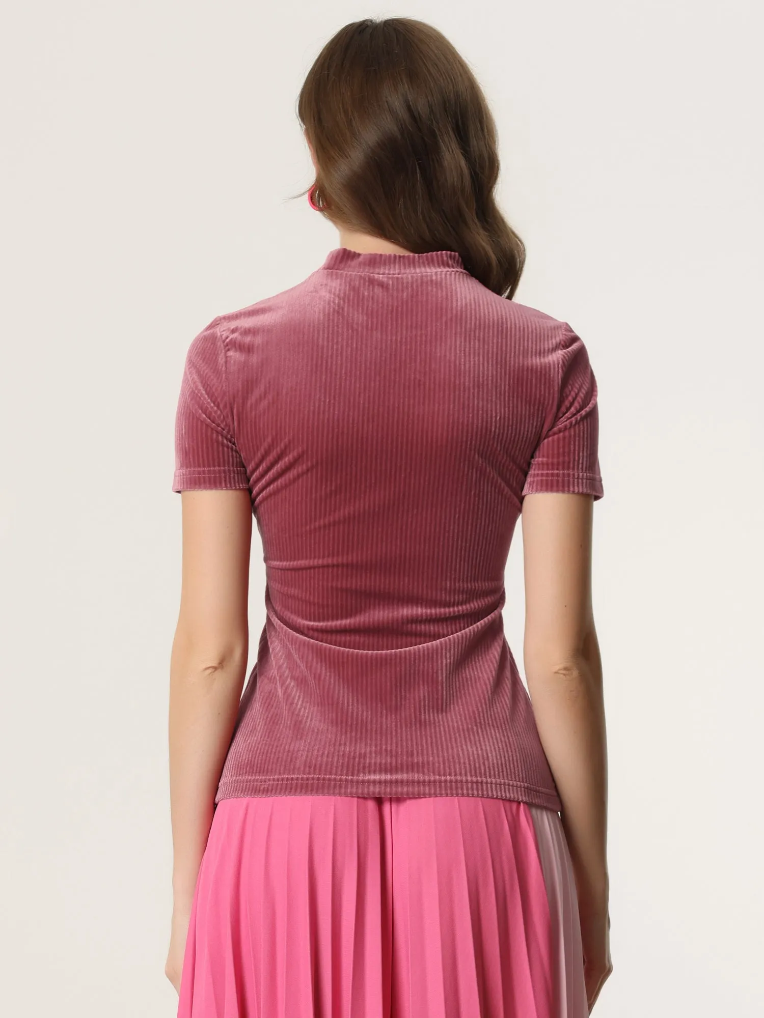 Casual Velvet Mock Neck Short Sleeve Solid Color Tee Top sold by Allegra K product image thumbnail 4