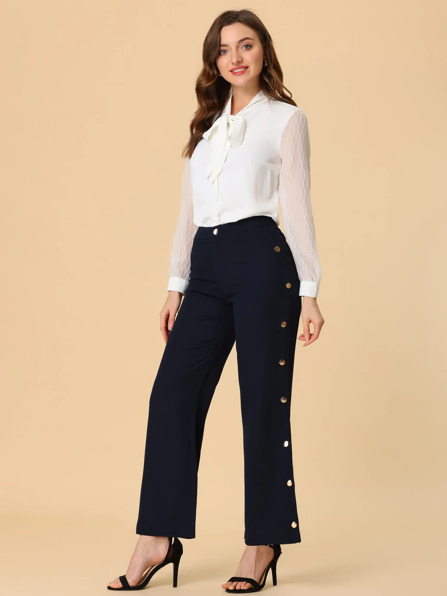 Elegant Flare Pant Snap Button Side Split Palazzo Wide Leg Trouser sold by Allegra K product image thumbnail 2