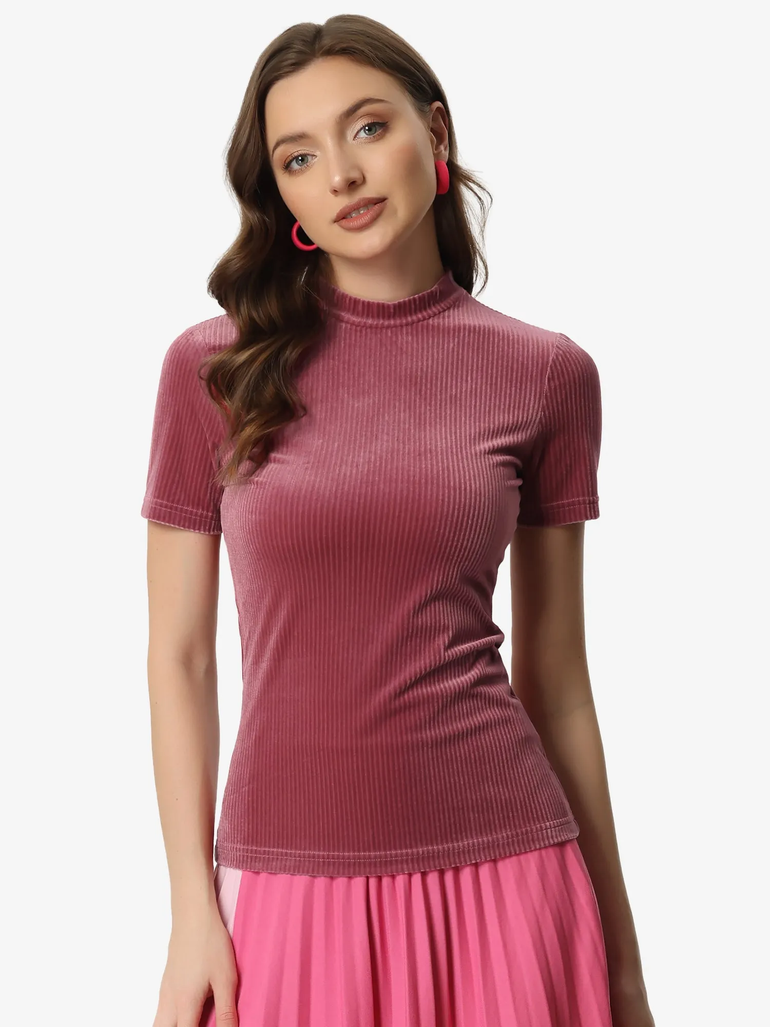 Casual Velvet Mock Neck Short Sleeve Solid Color Tee Top sold by Allegra K