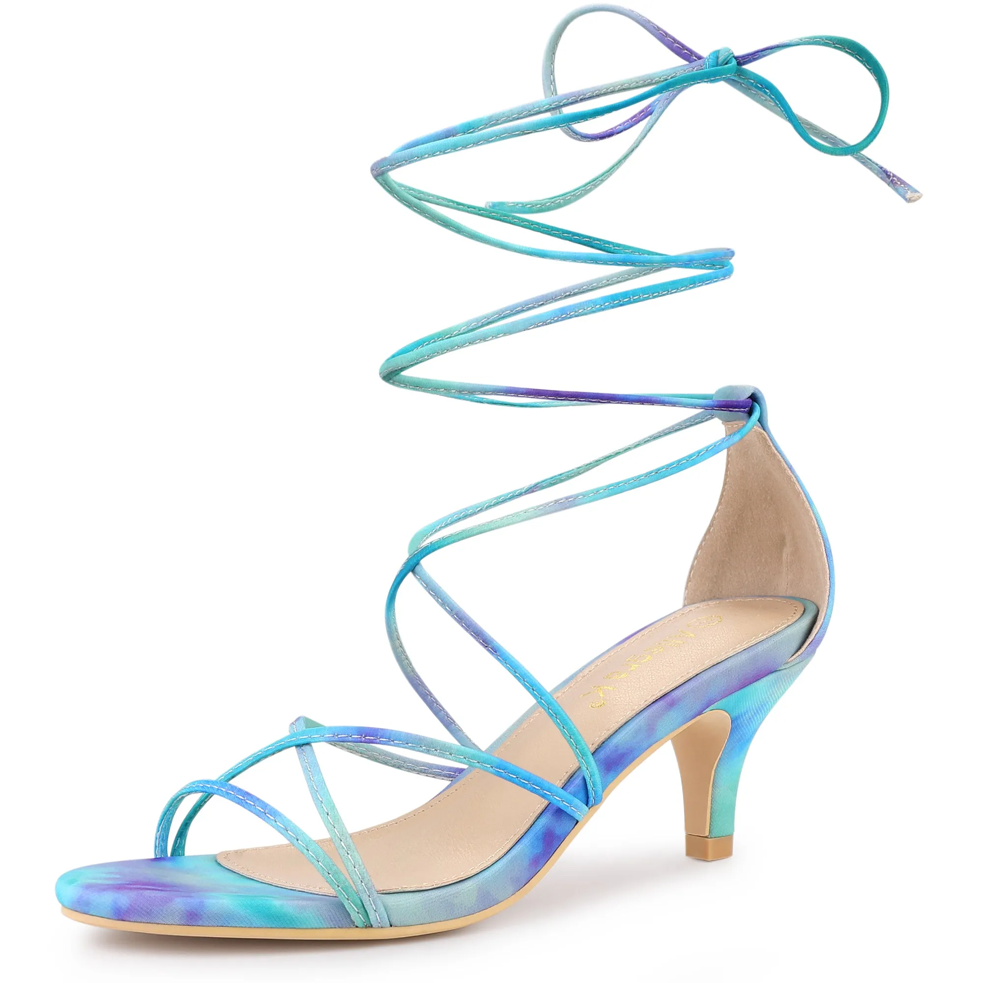 Open Toe Strappy Tie Dye Lace Up Kitten Heel Sandals sold by Allegra K product image thumbnail 2