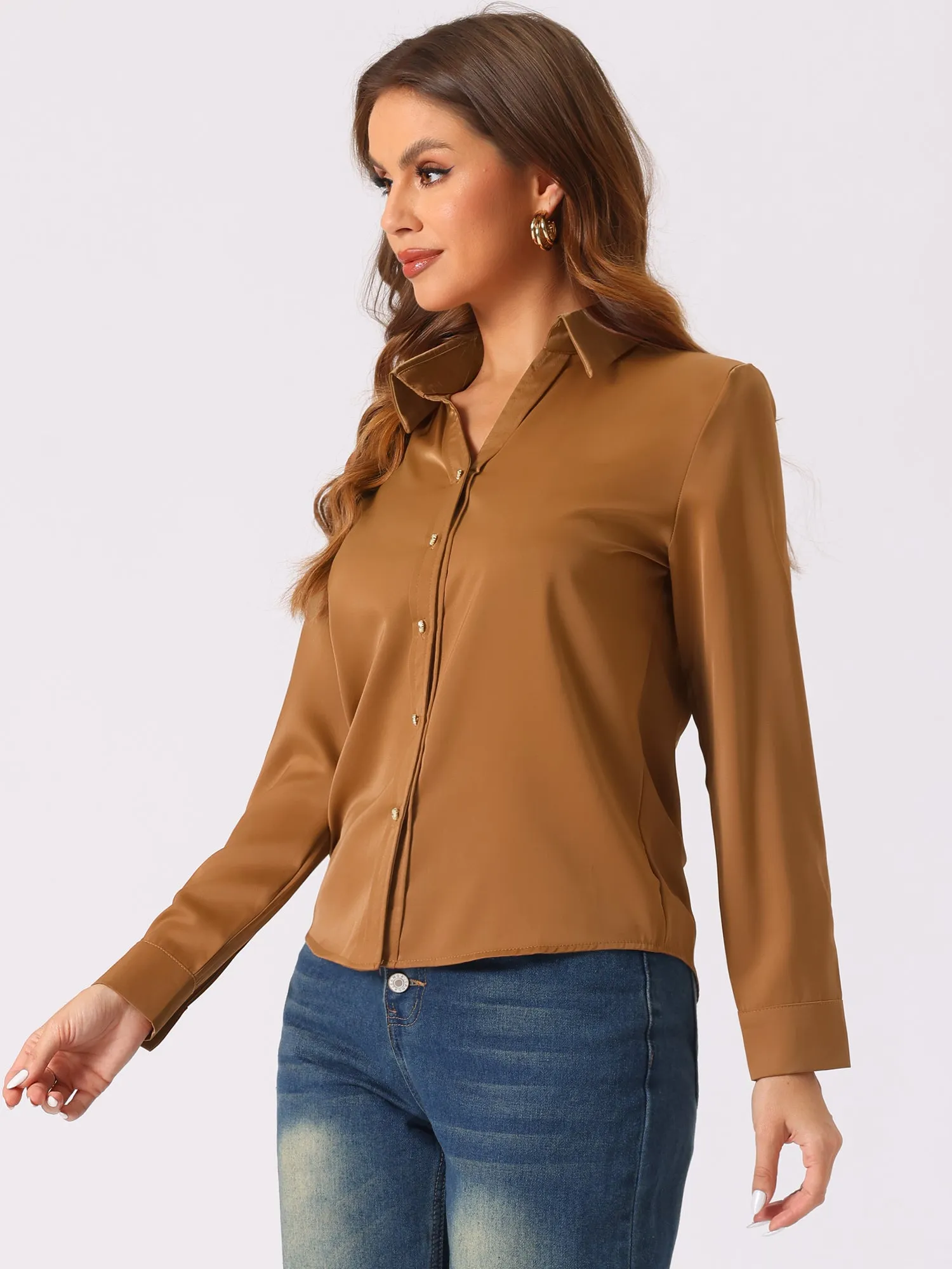 Collar Satin Button Down Long Sleeve Work Office Shirt sold by Allegra K