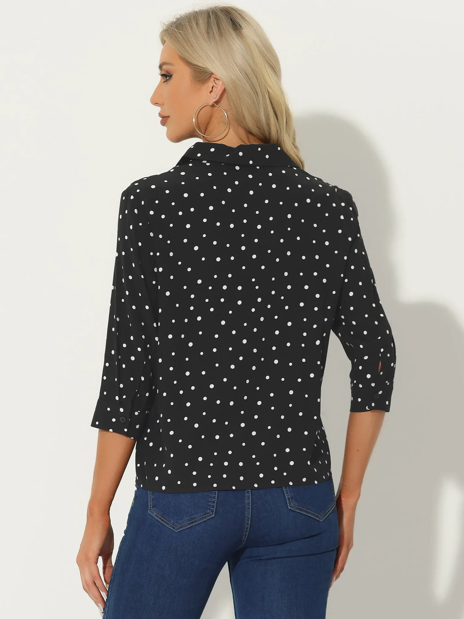 Lapel Collar Self Tie Waist Button Down Vintage Polka Dots Blouse sold by Allegra K product image thumbnail 3