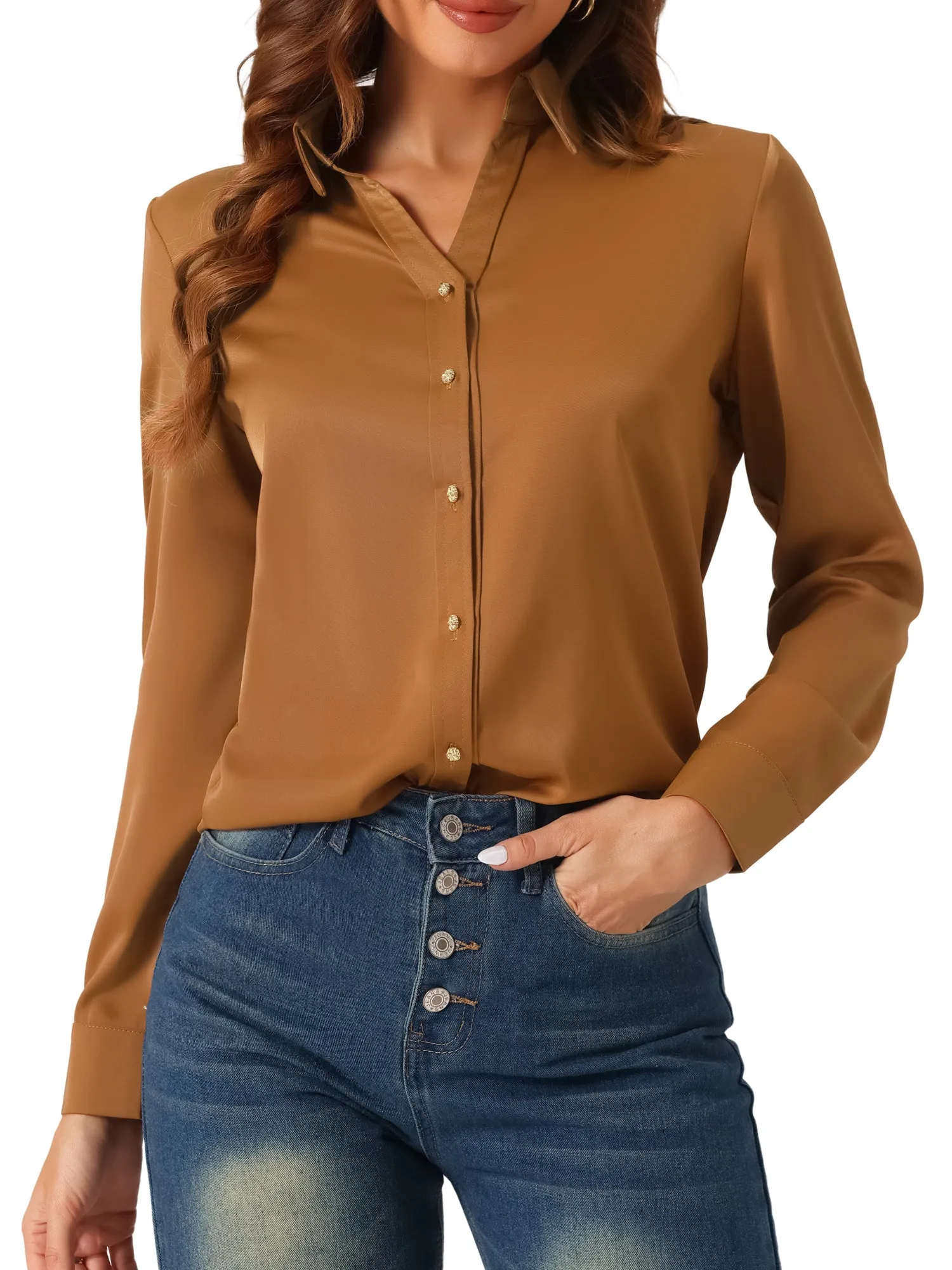 Collar Satin Button Down Long Sleeve Work Office Shirt sold by Allegra K product image thumbnail 5