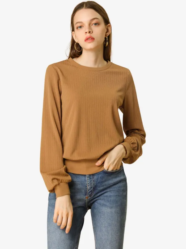 Lantern Sleeve Crewneck Winter Retro Ribbed Pullover Sweater sold by Allegra K