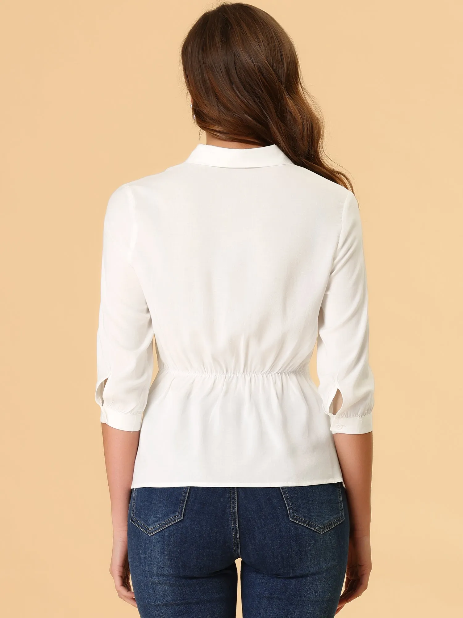 Button Down Blouse Drawstring Waist 3/4 Sleeve Peplum Tops sold by Allegra K product image thumbnail 4