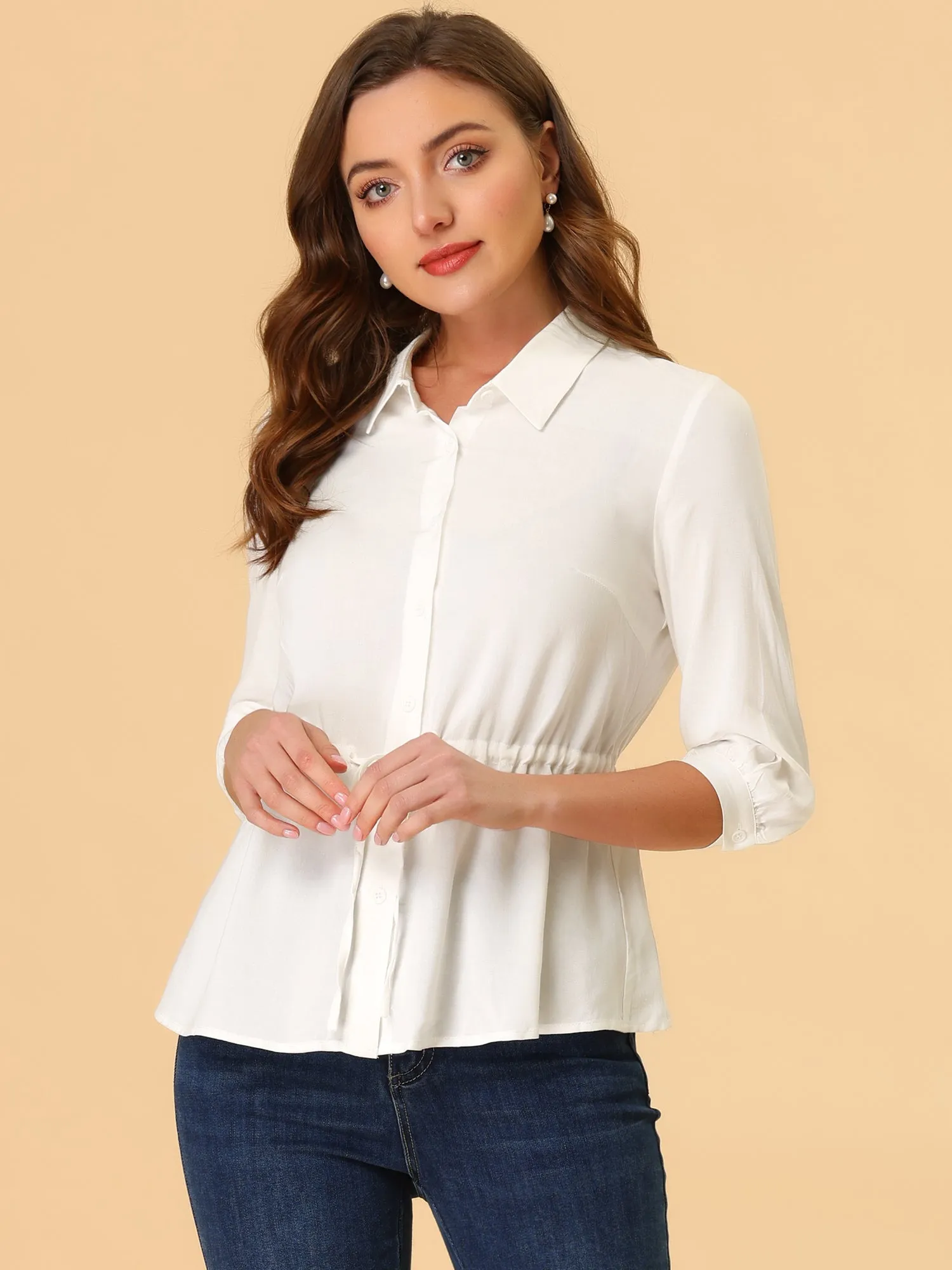 Button Down Blouse Drawstring Waist 3/4 Sleeve Peplum Tops sold by Allegra K product image thumbnail 2