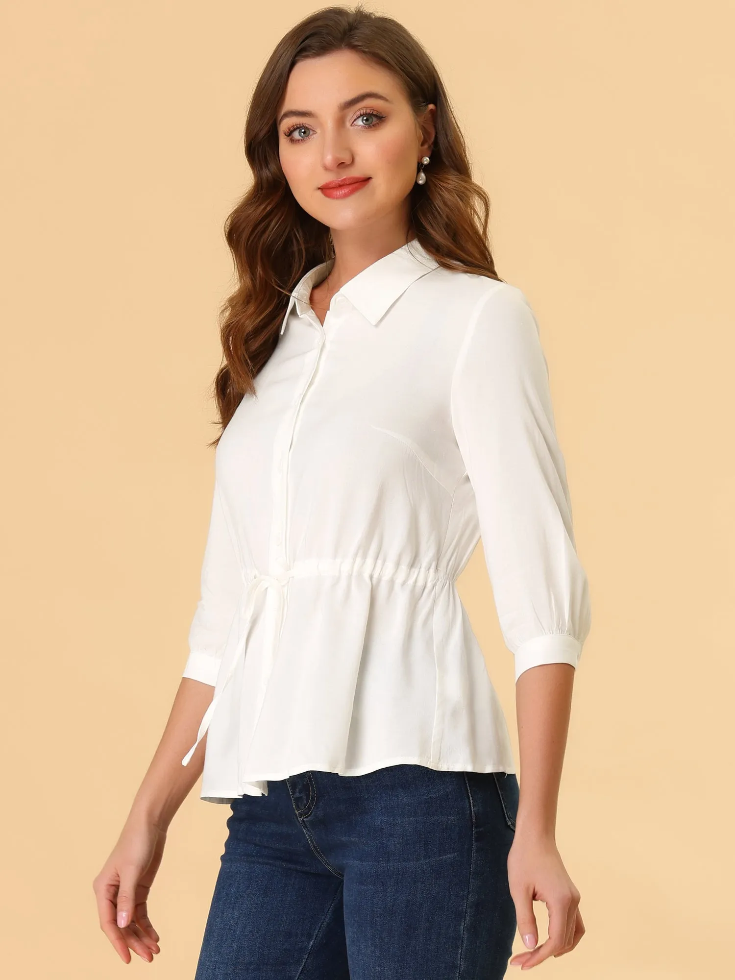 Button Down Blouse Drawstring Waist 3/4 Sleeve Peplum Tops sold by Allegra K product image thumbnail 3