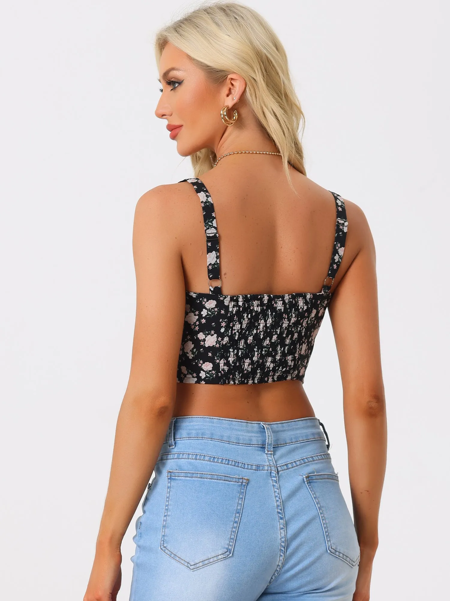 Floral Spaghetti Strap Smocked Back Cropped Cami Top sold by Allegra K product image thumbnail 3