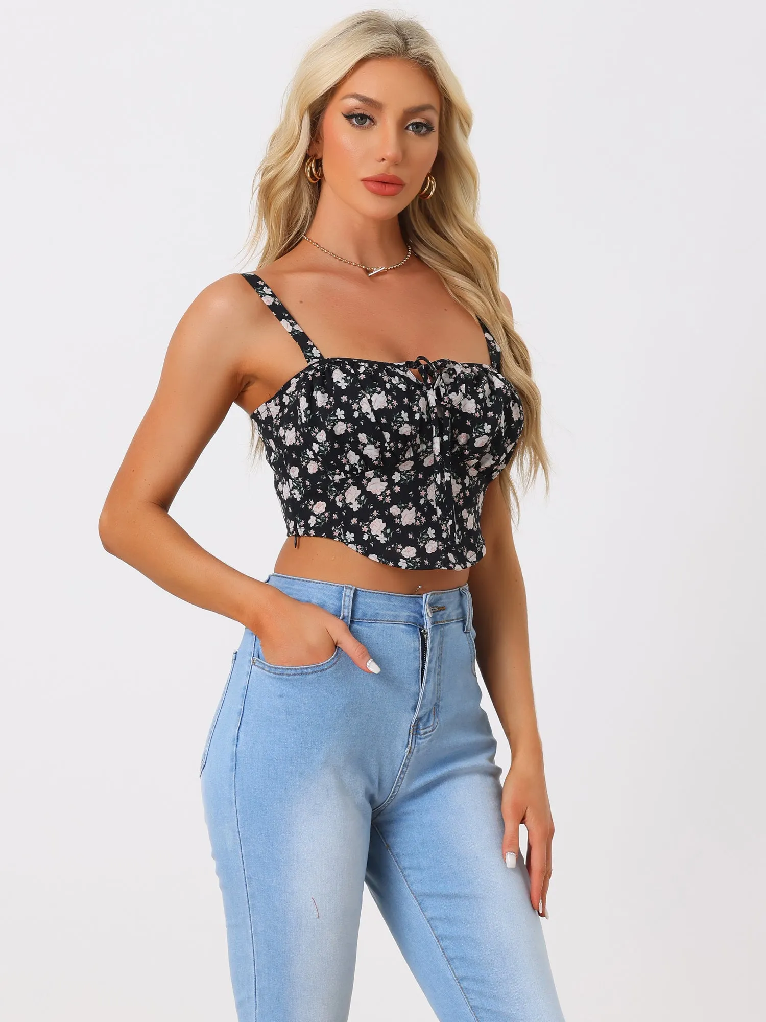 Floral Spaghetti Strap Smocked Back Cropped Cami Top sold by Allegra K