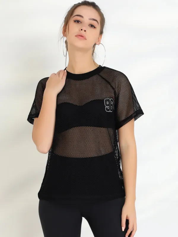 Mesh T-Shirt Fishnet Cover Up Raglan Sleeve Party Club Sheer Top sold by Allegra K