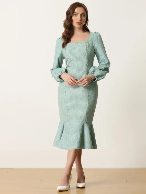 Tweed Plaid Square Neck Lantern Sleeve Ruffle Trim Mermaid Midi Dress sold by Allegra K
