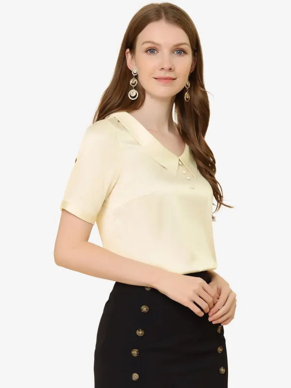 Work Top Turndown Collar Button Decor Short Sleeve Satin Blouse sold by Allegra K