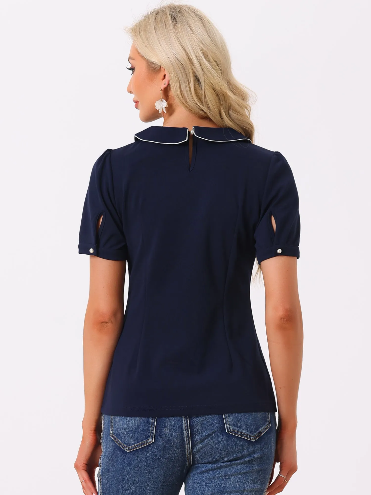 Peter Pan Collar Contrast Trim Puff Sleeve Blouse sold by Allegra K product image thumbnail 3