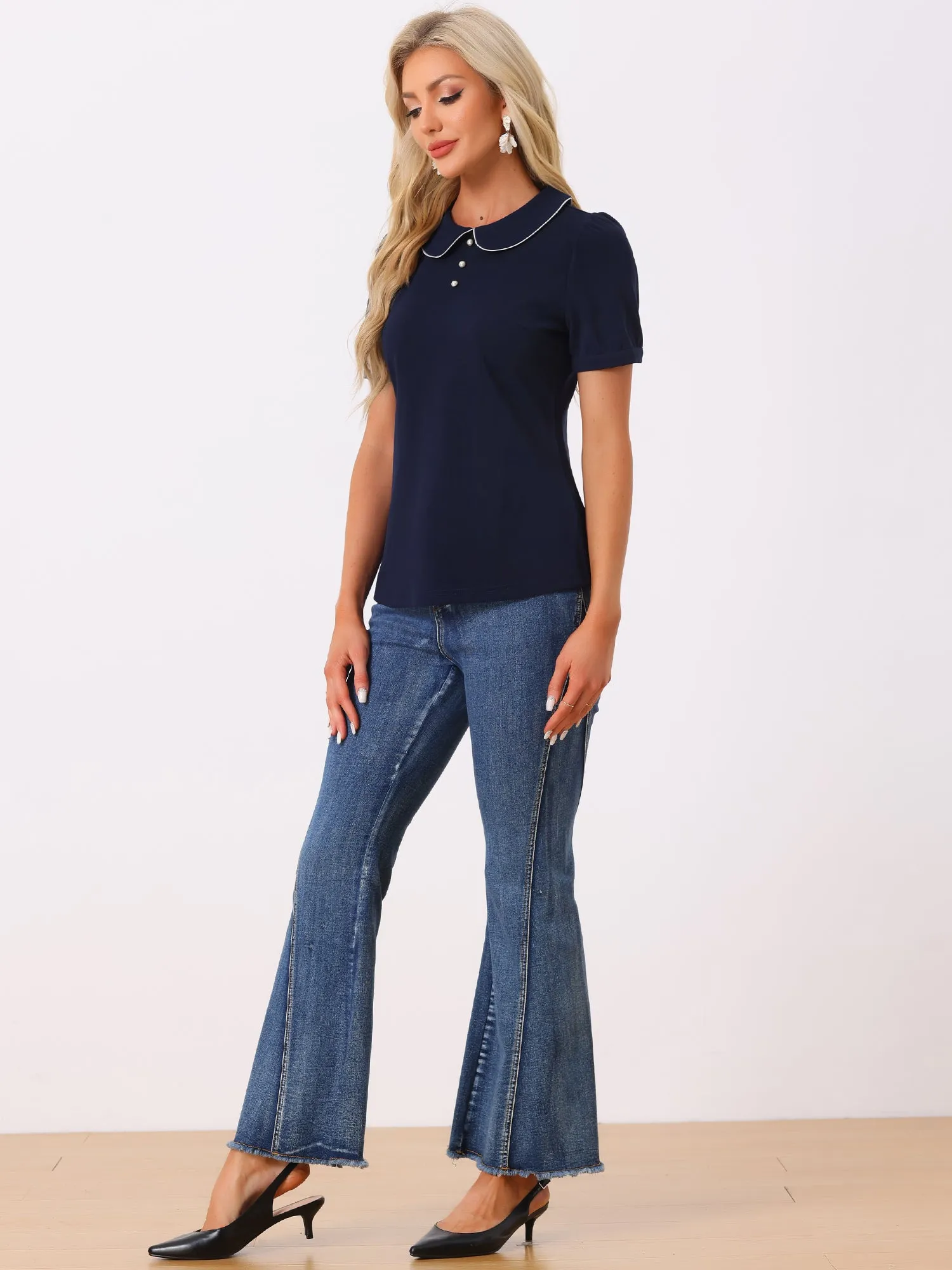 Peter Pan Collar Contrast Trim Puff Sleeve Blouse sold by Allegra K product image thumbnail 2