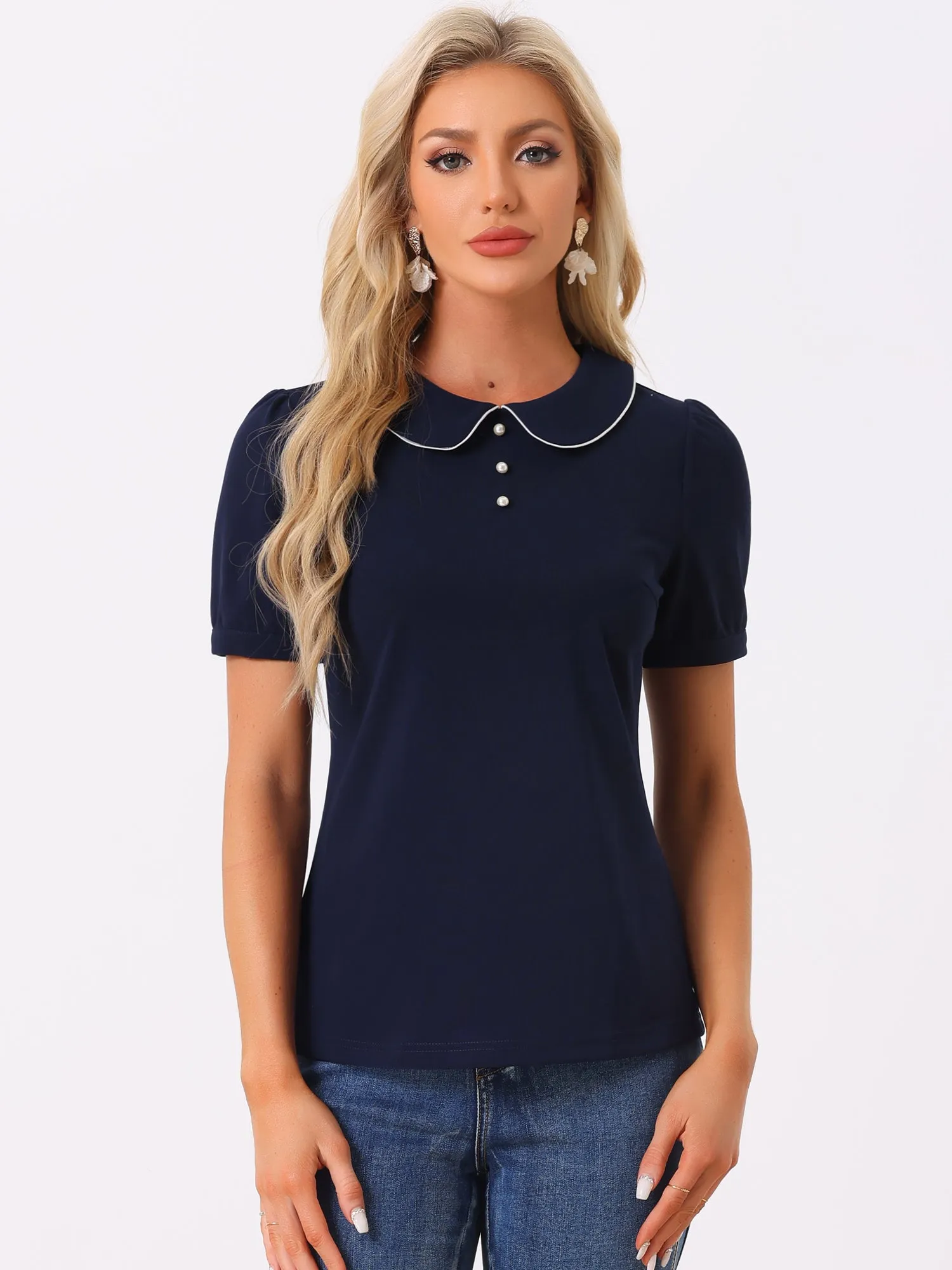 Peter Pan Collar Contrast Trim Puff Sleeve Blouse sold by Allegra K