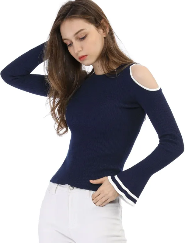 Cold Shoulder Knit Bell Sleeve Stripe Cropped Cuff Blouse sold by Allegra K