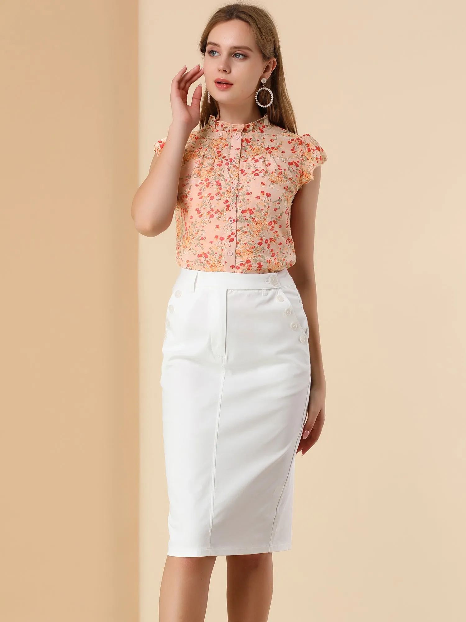 Short Sleeve Button Front Ruffle Collar Floral Chiffon Blouse sold by Allegra K product image thumbnail 2