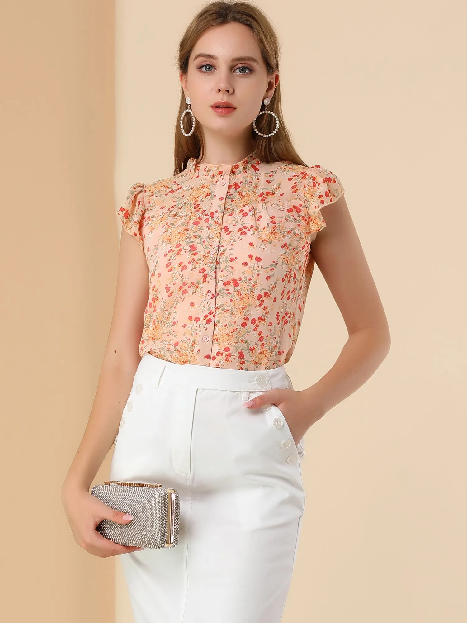 Short Sleeve Button Front Ruffle Collar Floral Chiffon Blouse sold by Allegra K