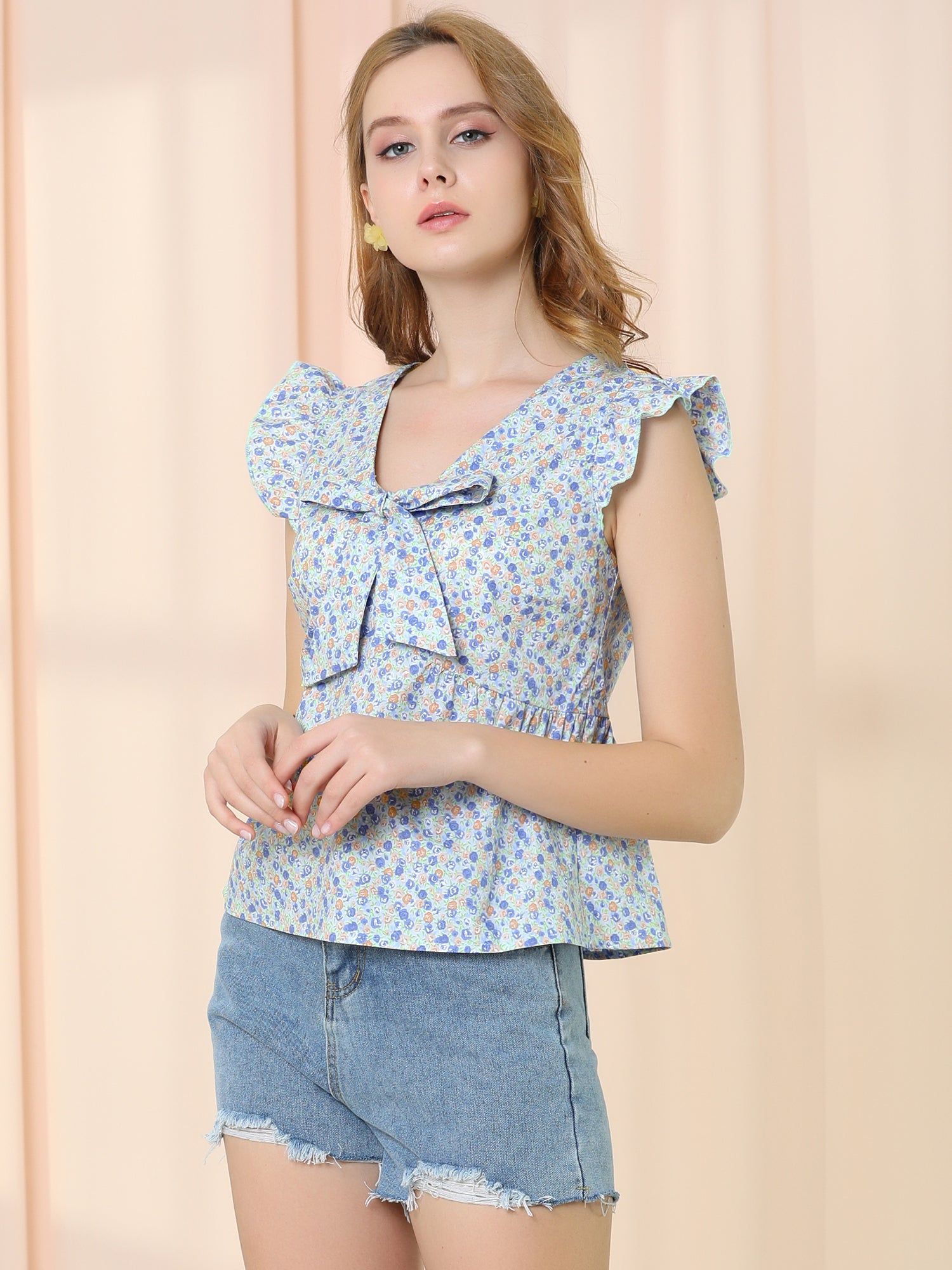 Bow Tie Neck Summer Cute Babydoll Casual Floral Ruffled Sleeve Tops sold by Allegra K product image thumbnail 3