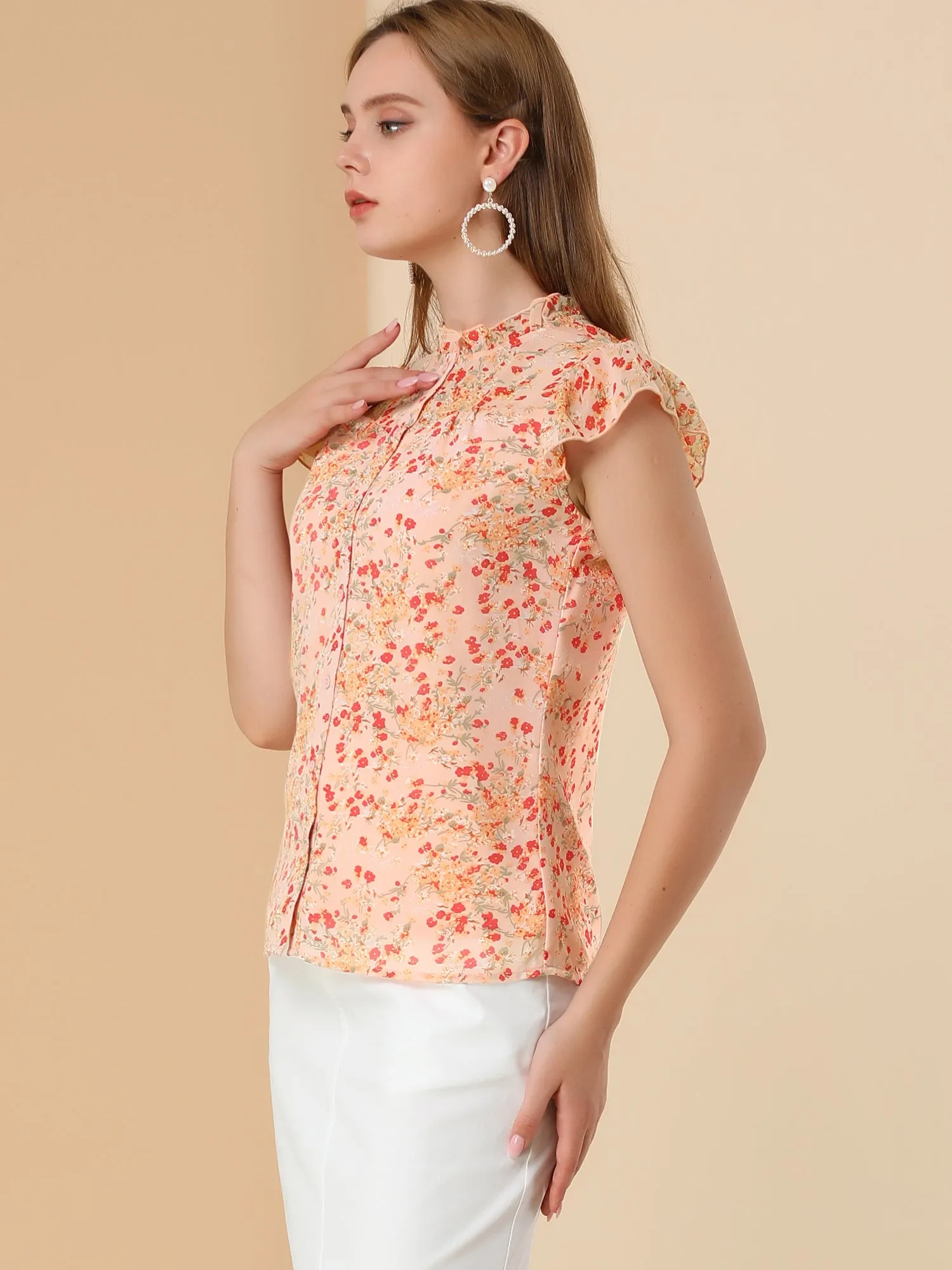 Short Sleeve Button Front Ruffle Collar Floral Chiffon Blouse sold by Allegra K product image thumbnail 4