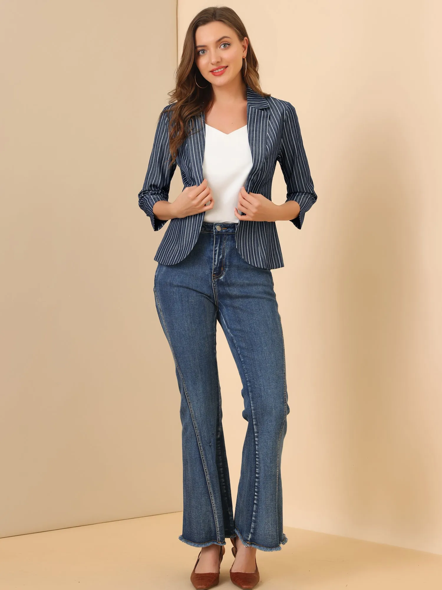 Striped 3/4 Sleeve Open Front Notched Lapel Blazer sold by Allegra K product image thumbnail 2