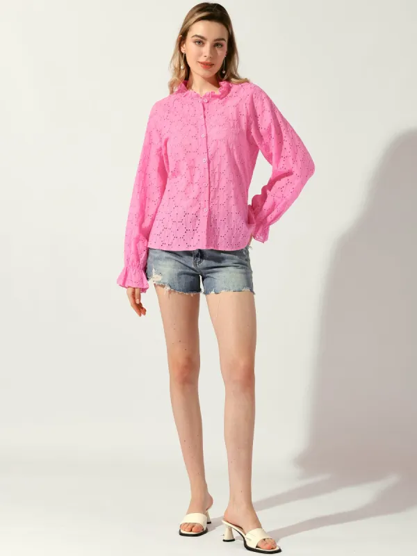 Ruffled Eyelet Long Sleeve Button-Up Blouse sold by Allegra K