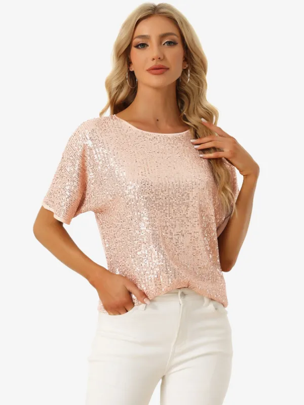 Sequin Top Round Neck Short Sleeve Party Clubwear Blouse sold by Allegra K
