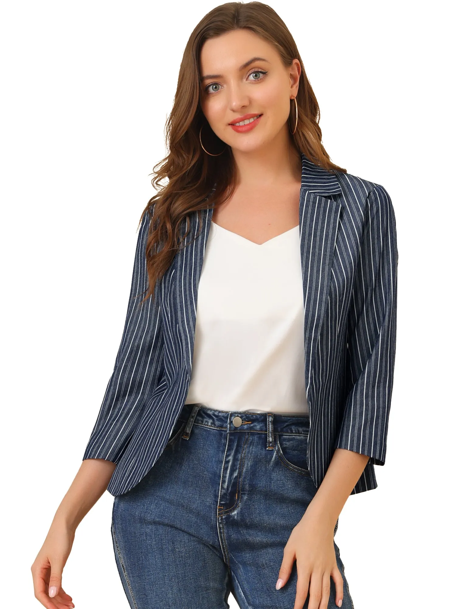 Striped 3/4 Sleeve Open Front Notched Lapel Blazer sold by Allegra K product image thumbnail 5