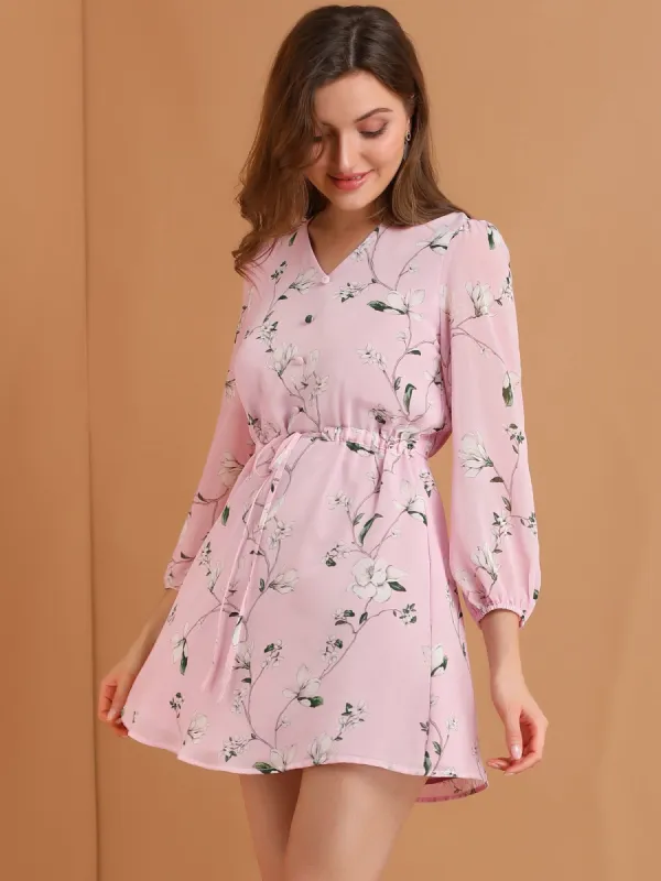 Floral Print A-line V Neck Long Sleeve Chiffon Belted Mini Dress sold by Allegra K