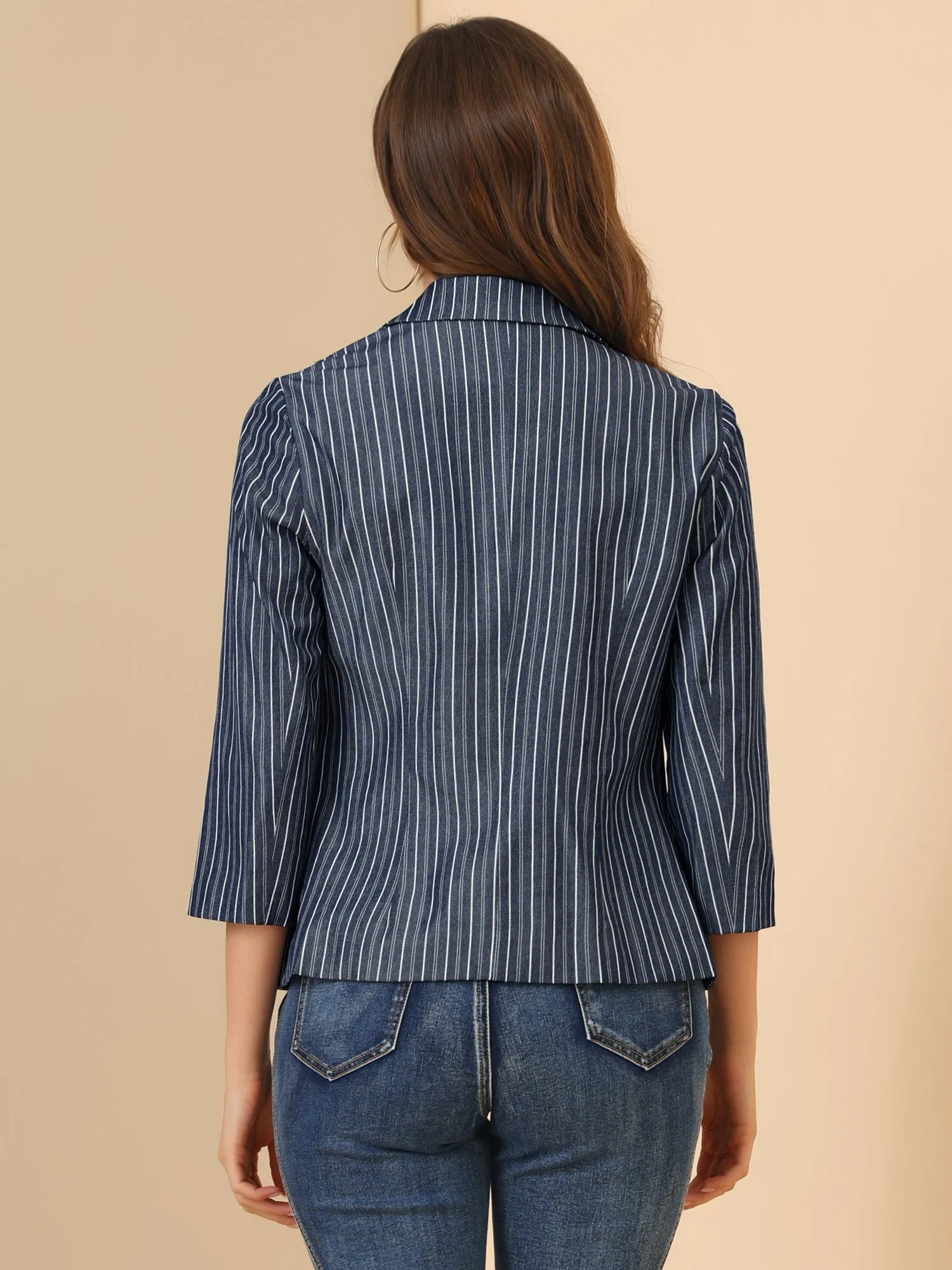 Striped 3/4 Sleeve Open Front Notched Lapel Blazer sold by Allegra K product image thumbnail 3