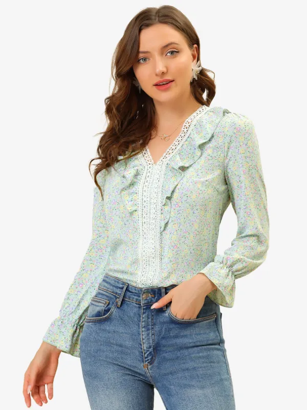 Ruffle V Neck Lace Elegant Chiffon Top Ditsy Floral Blouse sold by Allegra K