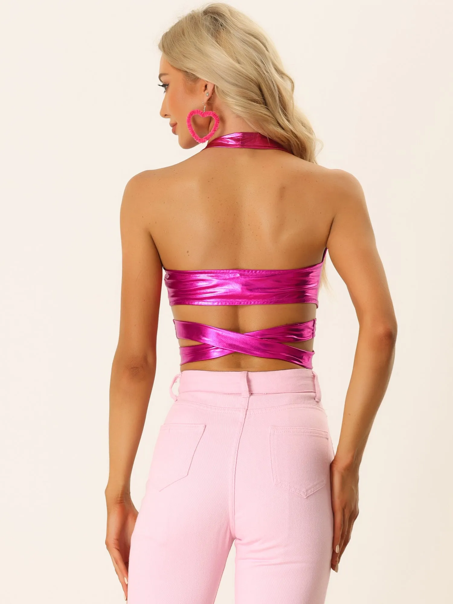 Metallic Halter Neck Deep V Neck Backless Holographic Crop Top sold by Allegra K product image thumbnail 2