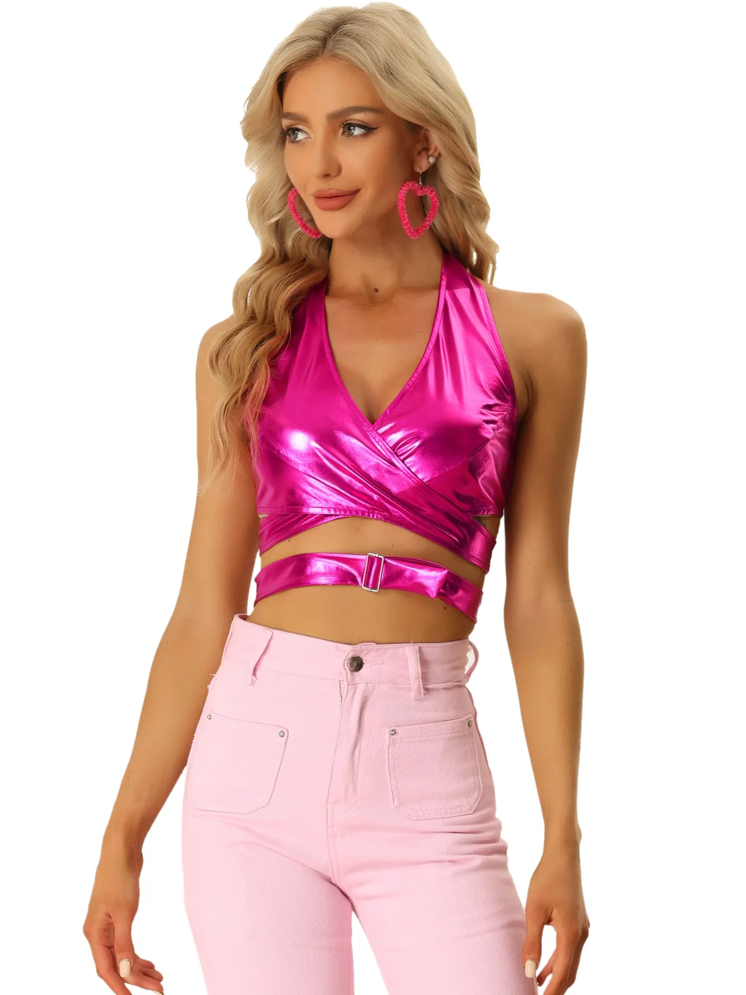 Metallic Halter Neck Deep V Neck Backless Holographic Crop Top sold by Allegra K product image thumbnail 5