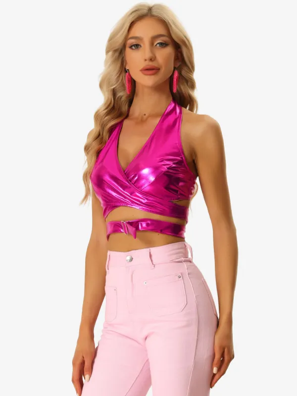 Metallic Halter Neck Deep V Neck Backless Holographic Crop Top sold by Allegra K