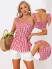 Gingham Peplum Top Summer Square Neck Sleeveless Plaid Blouse sold by Allegra K